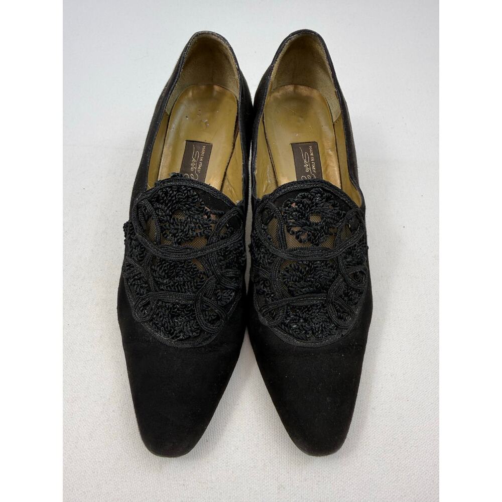 Sesto Meucci Black Suede‎ Pumps Embroidered Mesh Vamp Vintage 90s Womens Size 7
